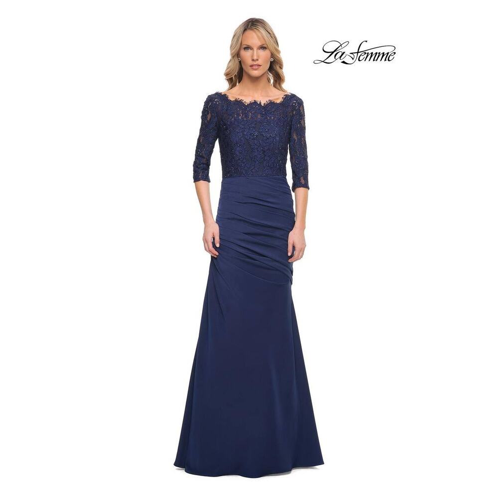 La Femme Womens Formal Dress 4 Navy Blue 24926 Floral Lace Beaded MOB